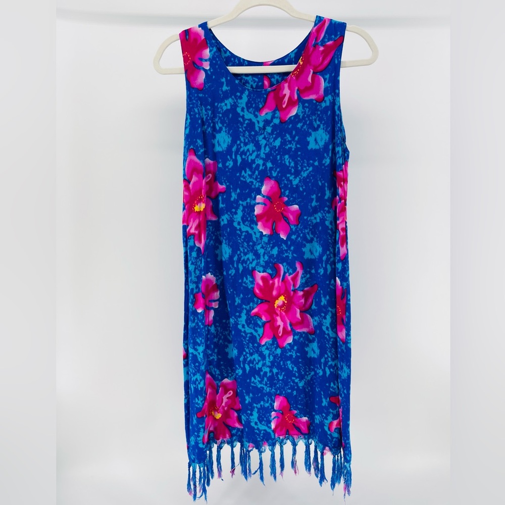 Hawaiian Print Swim Cover-Up Dress, Fringe Trim, Blue Pink Floral, Women’s Small